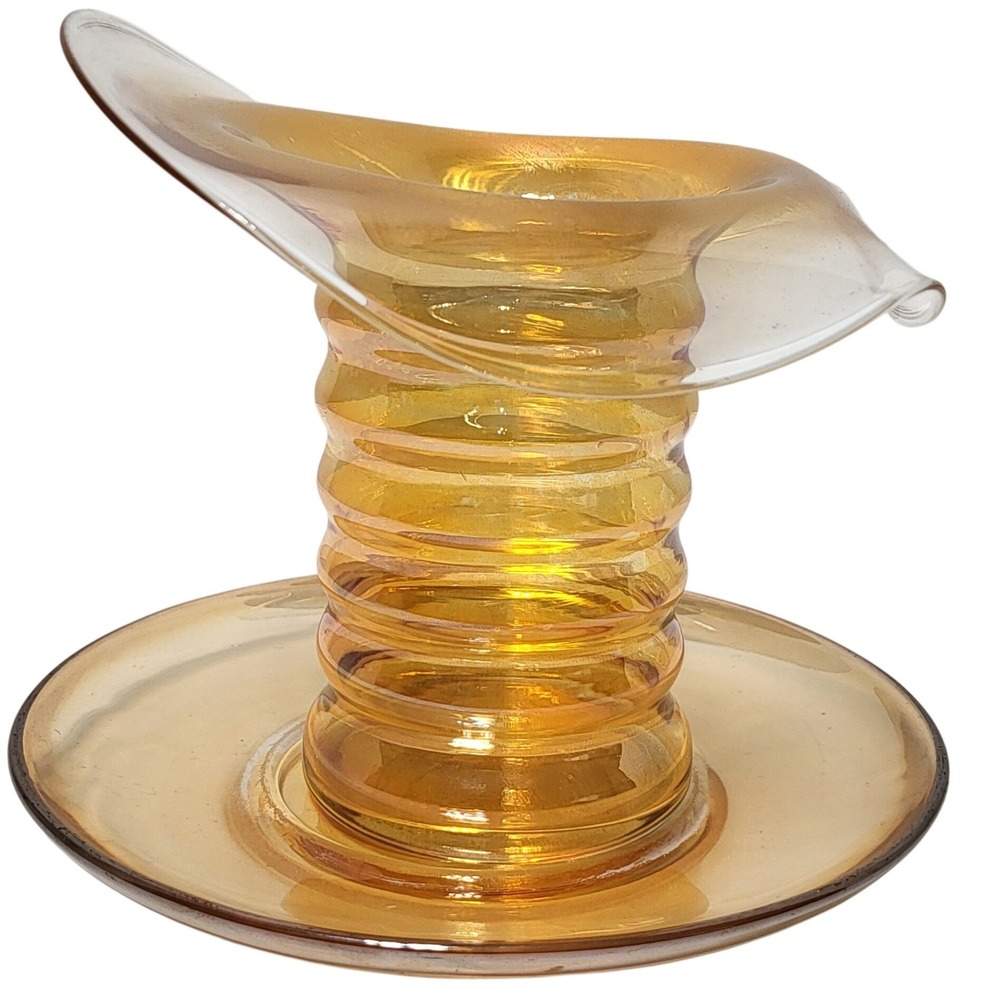 VTG Dunbar Flint Glass Ribbed Vase and Carnival Glass Underplate Jeanette Co *